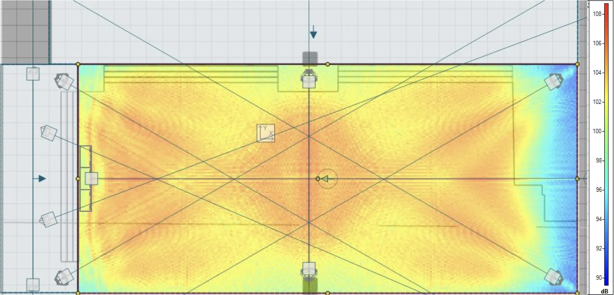 Carte de prévision acoustique à 4 000 Hz : couverture homogène de la salle