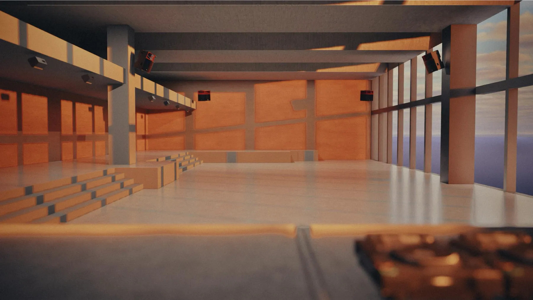 Vue 3D de la salle équipée, enceintes en accroche autour de la piste
